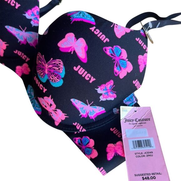 Juicy Couture Black Butterflies Bra 36B Women Intimates Padded Push Up Underwire - Picture 4 of 5